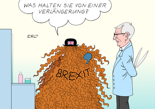 Cartoon: Brexit-Verlängerung (medium) by Erl tagged politik,brexit,großbritannien,gb,uk,austritt,eu,europäische,union,premierministerin,theresa,may,vertrag,abstimmung,parlament,niederlage,ungewissheit,no,deal,chaos,zweites,referendum,nachverhandlung,brüssel,backstop,nordirland,irland,termin,29,märz,möglichkeit,verschiebung,verlängerung,haare,friseur,juncker,karikatur,erl,politik,brexit,großbritannien,gb,uk,austritt,eu,europäische,union,premierministerin,theresa,may,vertrag,abstimmung,parlament,niederlage,ungewissheit,no,deal,chaos,zweites,referendum,nachverhandlung,brüssel,backstop,nordirland,irland,termin,29,märz,möglichkeit,verschiebung,verlängerung,haare,friseur,juncker,karikatur,erl