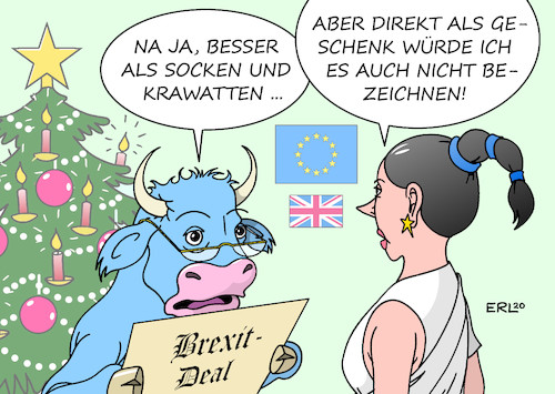 Cartoon: Brexit Deal (medium) by Erl tagged politik,brexit,austritt,großbritannien,eu,verhandlungen,handel,handelsabkommen,deal,durchbruch,heiligabend,weihnachten,geschenk,socken,krawatten,europa,stier,christbaum,weihnachtsbaum,karikatur,erl,politik,brexit,austritt,großbritannien,eu,verhandlungen,handel,handelsabkommen,deal,durchbruch,heiligabend,weihnachten,geschenk,socken,krawatten,europa,stier,christbaum,weihnachtsbaum,karikatur,erl