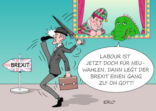 Cartoon: Brexit Neuwahlen (medium) by Erl tagged politik,brexit,austritt,großbritannien,eu,chaos,aufschub,streit,no,deal,boris,johnson,neuwahlen,zustimmung,labour,gang,monthy,python,ministry,of,silly,walks,ministerium,für,komische,gangarten,kasperltheater,kasperl,krokodil,karikatur,erl,politik,brexit,austritt,großbritannien,eu,chaos,aufschub,streit,no,deal,boris,johnson,neuwahlen,zustimmung,labour,gang,monthy,python,ministry,of,silly,walks,ministerium,für,komische,gangarten,kasperltheater,kasperl,krokodil,karikatur,erl