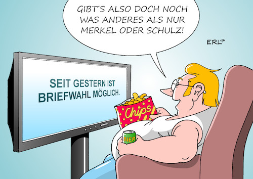 Cartoon: Briefwahl (medium) by Erl tagged bundestagswahl,2017,wahl,bundestag,bundeskanzlerin,angela,merkel,cdu,union,csu,herausforderer,martin,schulz,spd,kanzlerkandidat,wahlkampf,inhalte,ähnlichkeit,austauschbarkeit,alternativen,links,rechts,brief,briefwahl,fernsehen,nachrichten,chips,bier,karikatur,erl,bundestagswahl,2017,wahl,bundestag,bundeskanzlerin,angela,merkel,cdu,union,csu,herausforderer,martin,schulz,spd,kanzlerkandidat,wahlkampf,inhalte,ähnlichkeit,austauschbarkeit,alternativen,links,rechts,brief,briefwahl,fernsehen,nachrichten,chips,bier,karikatur,erl