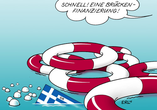 Cartoon: Brückenfinanzierung (medium) by Erl tagged griechenland,krise,schulden,euro,wirtschaft,finanzen,hilfe,troika,eu,ezb,iwf,sparen,sparkurs,geld,brückenfinanzierung,schnell,eurozone,rettungsring,wasser,brücke,banken,karikatur,erl,griechenland,krise,schulden,euro,wirtschaft,finanzen,hilfe,troika,eu,ezb,iwf,sparen,sparkurs,geld,brückenfinanzierung,schnell,eurozone,rettungsring,wasser,brücke,banken