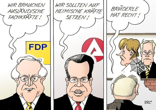 Cartoon: Brüderle (medium) by Erl tagged brüderle,fdp,vorschlag,fachkräftemangel,fachkräfte,ausland,weise,arbeitsagentur,heimisch,regierung,koalition,schwarz,gelb,unbeliebt,umfragewerte,tief,brüderle,fdp,vorschlag,fachkräftemangel,hartz,iv,sätze,alg,ii,arbeitslosengeld,arbeitslos,geld,arbeitslosigkeit,arbeitslose,job,arbeit,beruf,langzeitarbeitslose,drückeberger,existenzminimum,reform,gehalt,einkommen,lebenshaltung,lebenshaltungskosten,menschenwürdig,menschenunwürdig,regelsätze,regierung,koalition,arbeitsagentur