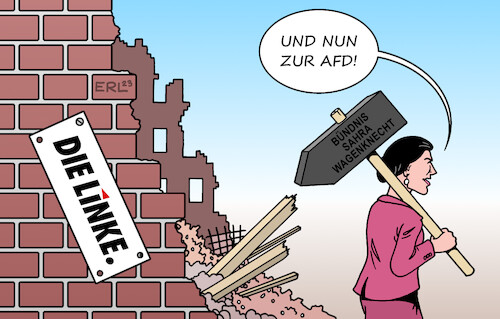 Cartoon: BSW (medium) by Erl tagged politik,sahra,wagenknecht,ankündigung,gründung,verein,bsw,partei,parteigründung,schädigung,zerstörung,die,linke,gefahr,afd,sozial,national,hammer,trümmer,karikatur,erl,politik,sahra,wagenknecht,ankündigung,gründung,verein,bsw,partei,parteigründung,schädigung,zerstörung,die,linke,gefahr,afd,sozial,national,hammer,trümmer,karikatur,erl