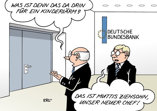 Cartoon: Bundesbank (medium) by Erl tagged bundesbank,chef,weber,rückzug,neu,weidmann,ziehsohn,mutti,kanzlerin,merkel,kind,lärm,kinderlärm,bundesbank,chef,weber,rückzug,neu,weidmann,ziehsohn,mutti,kanzlerin,angela merkel,lärm,kinderlärm,angela,merkel