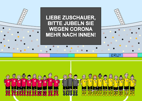 Cartoon: Bundesliga (medium) by Erl tagged politik,sport,fußball,start,bundesliga,zuschauer,corona,virus,pandemie,hygiene,konzept,jubel,tor,karikatur,erl,politik,sport,fußball,start,bundesliga,zuschauer,corona,virus,pandemie,hygiene,konzept,jubel,tor,karikatur,erl