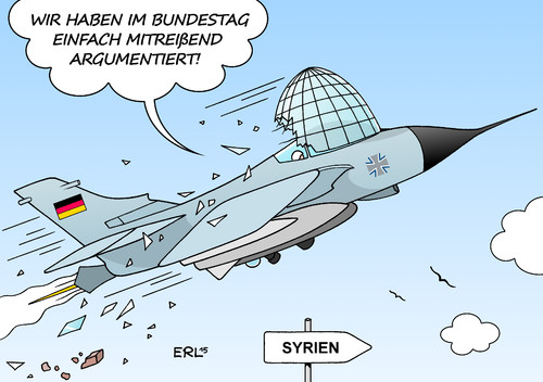 Cartoon: Bundestag Syrien (medium) by Erl tagged syrien,bürgerkrieg,diktator,assad,rebellen,is,islamismus,terror,anschläge,paris,frankreich,deutschland,solidarität,militär,einsatz,bundestag,beschluss,eile,drängen,verteidigungsministerin,ursula,von,der,leyen,argument,mitreißend,flugzeug,tornado,karikatur,erl,syrien,bürgerkrieg,diktator,assad,rebellen,is,islamismus,terror,anschläge,paris,frankreich,deutschland,solidarität,militär,einsatz,bundestag,beschluss,eile,drängen,verteidigungsministerin,ursula,von,der,leyen,argument,mitreißend,flugzeug,tornado,karikatur,erl