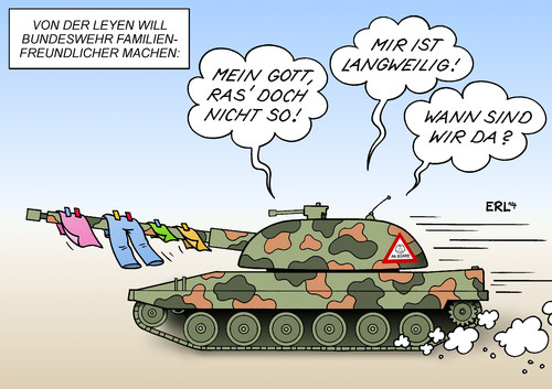 Cartoon: Bundeswehr (medium) by Erl tagged bundeswehr,arbeitgeber,familienfreundlich,familie,eltern,mutter,vater,kind,kinder,verteidigungsministerin,ursula,von,der,leyen,soladt,soldatin,panzer,bundeswehr,arbeitgeber,familienfreundlich,familie,eltern,mutter,vater,kind,kinder,verteidigungsministerin,ursula,von,der,leyen,soladt,soldatin,panzer