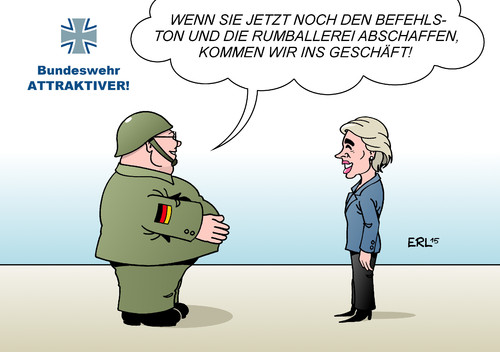 Cartoon: Bundeswehr (medium) by Erl tagged bundeswehr,abschaffung,wehrpflicht,attraktiv,arbeitgeber,verteidigungsministerin,ursula,von,der,leyen,befehlston,schießen,ballern,soldat,geschäft,karikatur,erl,bundeswehr,abschaffung,wehrpflicht,attraktiv,arbeitgeber,verteidigungsministerin,ursula,von,der,leyen,befehlston,schießen,ballern,soldat,geschäft