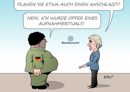 Cartoon: Bundeswehr (medium) by Erl tagged bundeswehr,soldat,plan,terroranschlag,terror,anschlag,identität,flüchtling,fremdenfeindlichkeit,fremdenhass,aufnahmeritual,ritual,erniedrigung,demütigung,untergebene,entlassung,ausbilder,verteidigungsministerin,ursula,von,der,leyen,karikatur,erl,bundeswehr,soldat,plan,terroranschlag,terror,anschlag,identität,flüchtling,fremdenfeindlichkeit,fremdenhass,aufnahmeritual,ritual,erniedrigung,demütigung,untergebene,entlassung,ausbilder,verteidigungsministerin,ursula,von,der,leyen,karikatur,erl