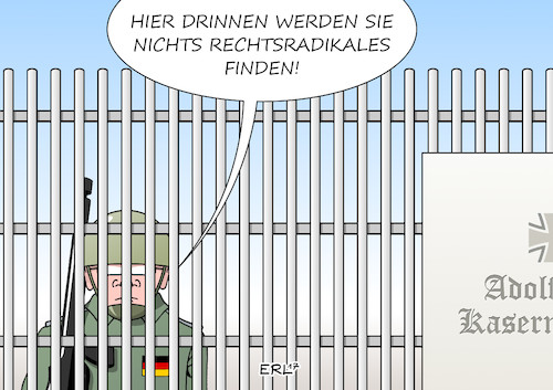 Cartoon: Bundeswehr (medium) by Erl tagged bundeswehr,rechtsextremismus,gedankengut,nationalsozialismus,devotionalien,tradition,wehrmacht,kaserne,name,verteidigungsministerin,ursula,von,der,leyen,kritik,aufnahmerituale,demütigung,sadismus,soldat,oberleutnant,doppelleben,terror,anschlag,plan,asylbewerber,bürger,in,uniform,demokratie,karikatur,erl,bundeswehr,rechtsextremismus,gedankengut,nationalsozialismus,devotionalien,tradition,wehrmacht,kaserne,name,verteidigungsministerin,ursula,von,der,leyen,kritik,aufnahmerituale,demütigung,sadismus,soldat,oberleutnant,doppelleben,terror,anschlag,plan,asylbewerber,bürger,in,uniform,demokratie,karikatur,erl