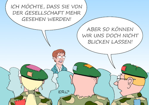 Cartoon: Bundeswehr (medium) by Erl tagged politik,bundeswehr,verteidigungsministerin,annegret,kramp,karrenbauer,öffentliches,gelöbnis,einbindung,gesellschaft,sichtbarkeit,wahrnehmung,ausrüstung,mangelhaft,ausrüstungsmängel,soldaten,soldatinnen,karikatur,erl,politik,bundesewehr,verteidigungsministerin,annegret,kramp,karrenbauer,öffentliches,gelöbnis,einbindung,gesellschaft,sichtbarkeit,wahrnehmung,ausrüstung,mangelhaft,ausrüstungsmängel,soldaten,soldatinnen,karikatur,erl