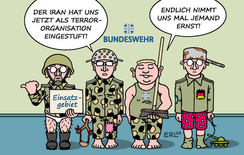Cartoon: Bundeswehr (medium) by Erl tagged bundeswehr,ausrüstung,mängel,iran,einstufung,terrororganisation,effektivität,militär,kriegstüchtig,karikatur,erl,bundeswehr,ausrüstung,mängel,iran,einstufung,terrororganisation,effektivität,militär,kriegstüchtig,karikatur,erl