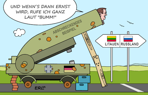 Cartoon: Bundeswehr in Litauen (medium) by Erl tagged politik,krieg,angriff,überfall,wladimir,putin,russland,ukraine,deutschland,zeitenwende,bundeswehr,zustand,mangelhaft,kriegstüchtig,verteidigungsminister,boris,pistorius,unterstützung,nato,plan,stationierung,brigade,litauen,vorauskommando,abschreckung,abschreckendes,beispiel,karikatur,erl,politik,krieg,angriff,überfall,wladimir,putin,russland,ukraine,deutschland,zeitenwende,bundeswehr,zustand,mangelhaft,kriegstüchtig,verteidigungsminister,boris,pistorius,unterstützung,nato,plan,stationierung,brigade,litauen,vorauskommando,abschreckung,abschreckendes,beispiel,karikatur,erl