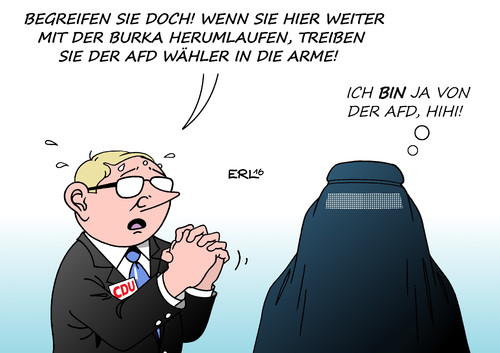 Cartoon: Burkaverbot (medium) by Erl tagged burka,burkaverbot,innenminister,union,cdu,angst,landtagswahlen,afd,islam,islamfeindlichkeit,rechtspopulismus,wähler,wahlen,rechts,rechtsruck,wahlkampf,karikatur,erl,burka,burkaverbot,innenminister,union,cdu,angst,landtagswahlen,afd,islam,islamfeindlichkeit,rechtspopulismus,wähler,wahlen,rechts,rechtsruck,wahlkampf,karikatur,erl