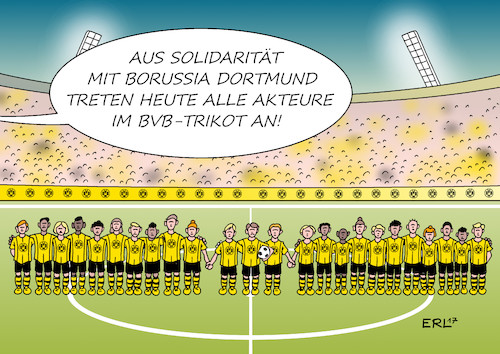 Cartoon: BvB Solidarität (medium) by Erl tagged borussia,dortmund,bvb,mannschaftsbus,anschlag,bomben,bombenanschlag,bekennerschreiben,verwirrung,echtheit,solidarität,fußball,fans,fußballfans,mannschaften,champions,legue,terror,terrorismus,angst,sport,sportler,freiheit,karikatur,erl,borussia,dortmund,bvb,mannschaftsbus,anschlag,bomben,bombenanschlag,bekennerschreiben,verwirrung,echtheit,solidarität,fußball,fans,fußballfans,mannschaften,champions,legue,terror,terrorismus,angst,sport,sportler,freiheit,karikatur,erl