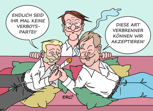 Cartoon: Cannabis (medium) by Erl tagged politik,bundesregierung,koalition,ampel,spd,grüne,fdp,legalisierung,freigabe,cannabis,verbot,verbotspartei,verbrenner,joint,lindner,habeck,lauterbach,karikatur,erl,politik,bundesregierung,koalition,ampel,spd,grüne,fdp,legalisierung,freigabe,cannabis,verbot,verbotspartei,verbrenner,joint,lindner,habeck,lauterbach,karikatur,erl