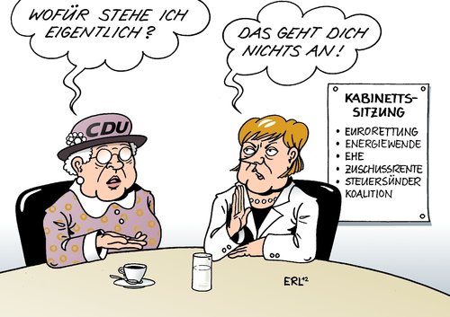 Cartoon: CDU (medium) by Erl tagged cdu,partei,konservativ,identität,richtung,inhalt,bundeskanzlerin,angela,merkel,regierung,koalition,schwarz,gelb,union,fdp,entscheidung,alternativlos,partei,cdu,konservativ,identität,richtung,bundeskanzlerin,merkel,regierung