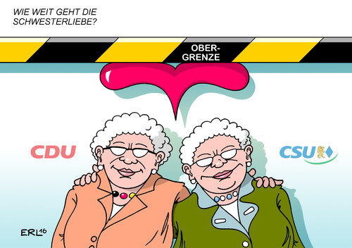 Cartoon: CDU CSU (medium) by Erl tagged cdu,csu,partei,schwesterpartei,union,streit,flüchtlingspolitik,flüchtlinge,obergrenze,asyl,asylrecht,zuwanderung,schwesterliebe,liebe,herz,karikatur,erl,cdu,csu,partei,schwesterpartei,union,streit,flüchtlingspolitik,flüchtlinge,obergrenze,asyl,asylrecht,zuwanderung,schwesterliebe,liebe,herz,karikatur,erl