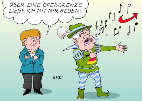 Cartoon: CDU CSU Kompromiss (medium) by Erl tagged cdu,csu,union,flüchtlingspolitik,bundeskanzlerin,angela,merkel,ministerpräsident,bayern,horst,seehofer,obergrenze,flüchtlinge,bundestagswahl,verluste,einzug,bundestag,afd,rechtsruck,regierung,koalition,möglichkeit,jamaika,schwarz,gelb,grün,fdp,die,grünen,oper,gesang,karikatur,erl,cdu,csu,union,flüchtlingspolitik,bundeskanzlerin,angela,merkel,ministerpräsident,bayern,horst,seehofer,obergrenze,flüchtlinge,bundestagswahl,verluste,einzug,bundestag,afd,rechtsruck,regierung,koalition,möglichkeit,jamaika,schwarz,gelb,grün,fdp,die,grünen,oper,gesang,karikatur,erl