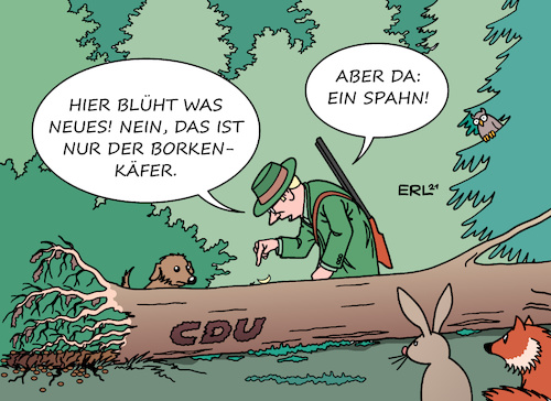 Cartoon: CDU Erneuerung (medium) by Erl tagged politik,wahl,bundestagswahl,2021,niederlage,union,erneuerung,cdu,inhalte,köpfe,jens,spahn,wald,förster,baum,entwurzelt,hund,fuchs,hase,eule,karikatur,erl,politik,wahl,bundestagswahl,2021,niederlage,union,erneuerung,cdu,inhalte,köpfe,jens,spahn,wald,förster,baum,entwurzelt,hund,fuchs,hase,eule,karikatur,erl