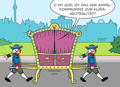 Cartoon: Charles und Camilla in Berlin (medium) by Erl tagged politik,monarchie,könig,charles,königin,camilla,großbritannien,gb,uk,besuch,deutschland,berlin,bundesregierung,ampel,streit,kompromiss,klimaschutz,klimaneutralität,mobilität,sänfte,karikatur,erl,politik,monarchie,könig,charles,königin,camilla,großbritannien,gb,uk,besuch,deutschland,berlin,bundesregierung,ampel,streit,kompromiss,klimaschutz,klimaneutralität,mobilität,sänfte,karikatur,erl