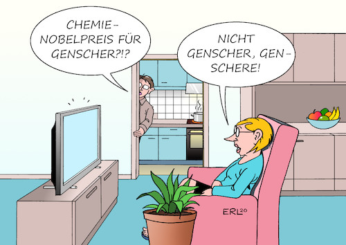 Cartoon: Chemie-Nobelpreis (medium) by Erl tagged politik,wissenschaft,chemie,nobelpreis,emmanuelle,charpentier,frankreich,jennifer,doudna,usa,genschere,schere,gene,gentherapie,erbgut,veränderung,fernsehen,missverständnis,hans,dietrich,genscher,außenminister,karikatur,erl,politik,wissenschaft,chemie,nobelpreis,emmanuelle,charpentier,frankreich,jennifer,doudna,usa,genschere,schere,gene,gentherapie,erbgut,veränderung,fernsehen,missverständnis,hans,dietrich,genscher,außenminister,karikatur,erl