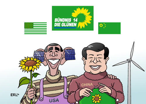 Cartoon: China USA (medium) by Erl tagged klimawandel,erderwärmung,co2,klimaschutz,usa,china,initiative,absicht,erklärung,umweltschutz,ökologie,bündnis,90,die,grünen,sonnenblume,stricken,barack,obama,xi,jinping,pullover,latzhose,klimawandel,erderwärmung,co2,klimaschutz,usa,china,initiative,absicht,erklärung,umweltschutz,ökologie,bündnis,90,die,grünen,sonnenblume,stricken,barack,obama,xi,jinping,pullover,latzhose