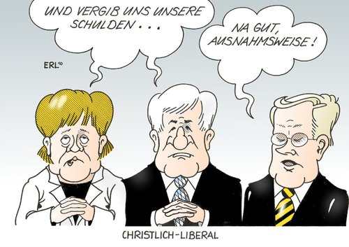 Cartoon: Christlich-Liberal (medium) by Erl tagged cdu,csu,fdp,christlich,liberal,schwarz,gelb,schulden,rekord,merkel,seehofer,westerwelle,cdu,csu,fdp,liberal,schwarz,gelb,schulden,rekord,merkel,seehofer,westerwelle