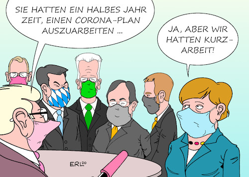 Cartoon: Corona-Plan (medium) by Erl tagged politik,corona,virus,pandemie,lockdown,öffnung,sommer,plan,pläne,herbst,vorbereitung,bundesregierung,bund,länder,ministerpräsidentinnen,ministerpräsidenten,mangelhaft,durcheinander,beschluss,verlängerung,kurzarbeit,merkel,ramelow,söder,laschet,kretschmann,maske,karikatur,erl,politik,corona,virus,pandemie,lockdown,öffnung,sommer,plan,pläne,herbst,vorbereitung,bundesregierung,bund,länder,ministerpräsidentinnen,ministerpräsidenten,mangelhaft,durcheinander,beschluss,verlängerung,kurzarbeit,merkel,ramelow,söder,laschet,kretschmann,maske,karikatur,erl