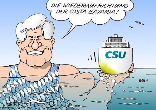 Cartoon: Costa Bavaria (medium) by Erl tagged landtagswahl,wahl,bayern,csu,absolte,mehrheit,retter,held,ministerpräsident,horst,seehofer,aufrichten,schiff,costa,concordia,kreuzfahrtschiff,havarie,insel,giglio,bayern