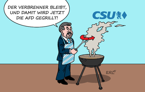 Cartoon: CSU-Parteitag (medium) by Erl tagged politik,csu,parteitag,markus,söder,feind,afd,grillen,grill,wurst,eu,rücknahme,verbrenner,aus,karikatur,erl,politik,csu,parteitag,markus,söder,feind,afd,grillen,grill,wurst,eu,rücknahme,verbrenner,aus,karikatur,erl
