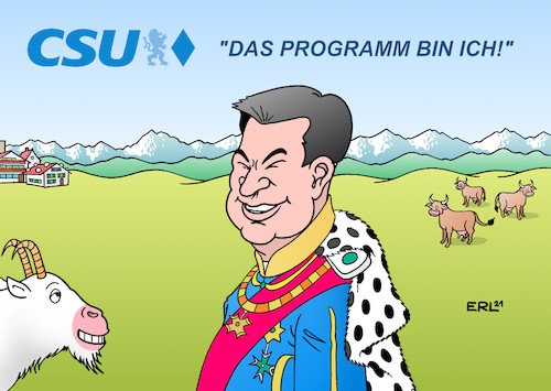 Cartoon: CSU-Programm II (medium) by Erl tagged politik,wahl,2021,bundestagswahl,wahlprogramm,programm,vorstellung,csu,ministerpräsident,bayern,markus,söder,könig,berge,wiesen,kuehe,ziege,karikatur,erl,politik,wahl,2021,bundestagswahl,wahlprogramm,programm,vorstellung,csu,ministerpräsident,bayern,markus,söder,könig,berge,wiesen,kuehe,ziege,karikatur,erl