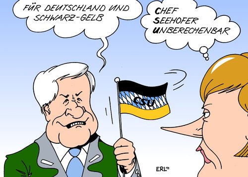 Cartoon: CSU (medium) by Erl tagged csu,parteitag,landtagswahl,2013,absolute,mehrheit,chef,horst,seehofer,unberechenbar,deutschland,regierung,koalition,schwarz,gelb,cdu,fdp,bundeskanzlerin,angela,merkel,csu,parteitag,landtagswahl,2013,absolute,mehrheit,chef,horst,seehofer,unberechenbar,deutschland,regierung,koalition,schwarz,gelb,cdu,fdp,bundeskanzlerin,angela,merkel