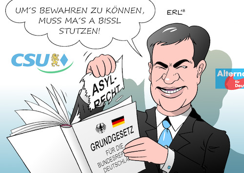 Cartoon: CSU (medium) by Erl tagged politik,csu,ministerpräsident,bayern,markus,söder,pläne,flüchtlingspolitik,ankerzentren,beschleunigung,abschiebung,abschottung,abschreckung,asylrecht,aufweichung,zurechtstutzen,grundgesetz,bewahrung,konservativ,christlich,sozial,landtagswahl,schielen,wähler,afd,rechtspopulismus,karikatur,erl,politik,csu,ministerpräsident,bayern,markus,söder,pläne,flüchtlingspolitik,ankerzentren,beschleunigung,abschiebung,abschottung,abschreckung,asylrecht,aufweichung,zurechtstutzen,grundgesetz,bewahrung,konservativ,christlich,sozial,landtagswahl,schielen,wähler,afd,rechtspopulismus,karikatur,erl