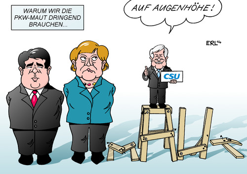 Cartoon: CSU Maut (medium) by Erl tagged maut,pkw,csu,ausländer,eu,autobahn,landstraße,bundesstraße,kreisstraße,straße,ausnahmen,auto,wahlkampf,gesicht,wahren,koalition,augenhöhe,gabriel,merkel,seehofer,murks,csu,maut,pkw