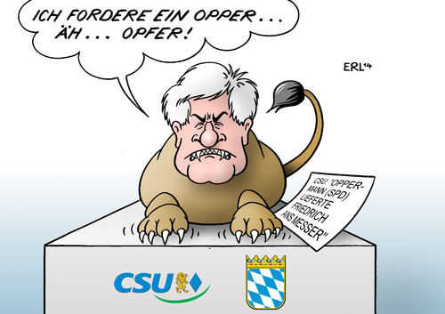 Cartoon: CSU Oppermann (medium) by Erl tagged regierung,regierungskoalition,große,koalition,cdu,csu,spd,fall,edathy,information,weitergabe,rücktritt,friedrich,plaudern,oppermann,rache,opfer,bayern,ministerpräsident,horst,seehofer,löwemisstrauen,regierung,regierungskoalition,große,koalition,cdu,csu,spd,fall,edathy,information,weitergabe,rücktritt,friedrich,plaudern,oppermann,rache,opfer,bayern,ministerpräsident,horst,seehofer,löwemisstrauen