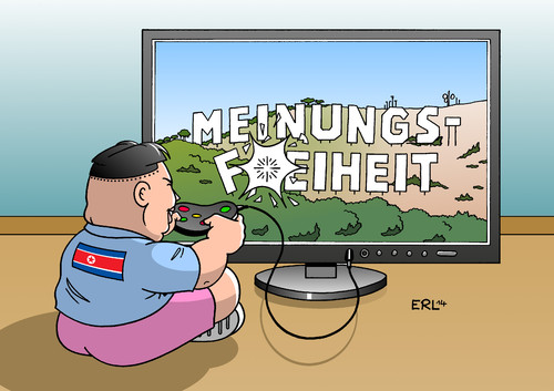 Cartoon: Cyberwar (medium) by Erl tagged nordkorea,hacke,angriff,sony,pictures,film,konzern,hollywood,usa,satire,diktator,kim,jong,un,meinungsfreiheit,internet,cyberwar,karikatur,erl,nordkorea,hacke,angriff,sony,pictures,film,konzern,hollywood,usa,satire,diktator,kim,jong,un,meinungsfreiheit,internet,cyberwar