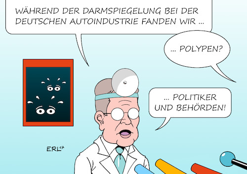 Cartoon: Darmspiegelung (medium) by Erl tagged auto,automobilindustrie,deutschland,autobauer,vw,audi,porsche,bmw,daimler,kartell,absprachen,preise,kosten,zulieferer,technik,dieselgate,dieselaffäre,diesel,abgastest,manipulation,software,entwicklung,kriminalität,betrug,verflechtung,wegsehen,politik,behörden,bericht,spiegel,arzt,darmspiegelung,karikatur,erl,auto,automobilindustrie,deutschland,autobauer,vw,audi,porsche,bmw,daimler,kartell,absprachen,preise,kosten,zulieferer,technik,dieselgate,dieselaffäre,diesel,abgastest,manipulation,software,entwicklung,kriminalität,betrug,verflechtung,wegsehen,politik,behörden,bericht,spiegel,arzt,darmspiegelung,karikatur,erl