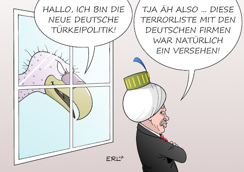 Cartoon: Terrorliste (medium) by Erl tagged türkei,präsident,erdogan,putsch,versuch,menschenrechte,demokratie,meinungsfreiheit,umbau,präsidialsystem,säuberung,verhaftungen,vorwurf,gülen,anhänger,terrorist,terrorismus,journalisten,terrorliste,firmen,deutschland,reaktion,türkeipolitik,neu,ausrichtung,härte,wirtschaft,handel,geld,karikatur,erl,türkei,präsident,erdogan,putsch,versuch,menschenrechte,demokratie,meinungsfreiheit,umbau,präsidialsystem,säuberung,verhaftungen,vorwurf,gülen,anhänger,terrorist,terrorismus,journalisten,terrorliste,firmen,deutschland,reaktion,türkeipolitik,neu,ausrichtung,härte,wirtschaft,handel,geld,karikatur,erl