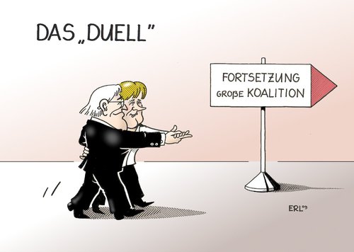 Cartoon: Das Duell (medium) by Erl tagged merkel,steinmeier,duell,tv,große,koalition,fortsetzung,wahl,2009,bundestagswahl,cdu,spd,angela merkel,frank walter steinmeier,wahl,wahlen,wahlkampf,cdu,spd,bundestagswahl,2009,koalition,tv,duell,angela,merkel,frank,walter,steinmeier