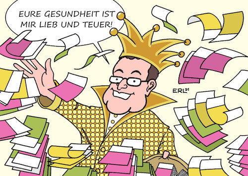 Cartoon: Das höchste Gut (medium) by Erl tagged politik,bundesrechnungshof,vorwurf,gesundheitsminister,jens,spahn,verschwendung,corona,virus,pandemie,covid19,masken,zahlung,apotheker,intensivbetten,gesundheit,lieb,teuer,karikatur,erl,politik,bundesrechnungshof,vorwurf,gesundheitsminister,jens,spahn,verschwendung,corona,virus,pandemie,covid19,masken,zahlung,apotheker,intensivbetten,gesundheit,lieb,teuer,karikatur,erl