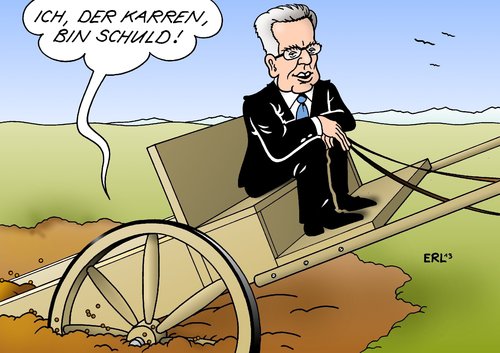 Cartoon: De Maiziere fein raus (medium) by Erl tagged maiziere,de,thomas,verteidigungsminister,drohne,eurohawk,kosten,zulassung,debakel,pannen,information,wahrheit,staatssekretär,beemelmans,schuld,bauernopfer,karren,dreck,de,maiziere