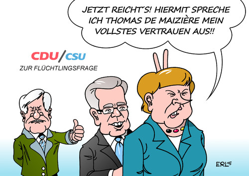 Cartoon: De Maiziere Merkel Seehofer (medium) by Erl tagged flüchtlinge,deutschland,regierung,koalition,cdu,csu,spd,merkel,seehofer,streit,einigung,de,maiziere,konfrontation,autorität,zweifel,vollstes,vertrauen,karikatur,erl,flüchtlinge,deutschland,regierung,koalition,cdu,csu,spd,merkel,seehofer,streit,einigung,de,maiziere,konfrontation,autorität,zweifel,vollstes,vertrauen,karikatur,erl