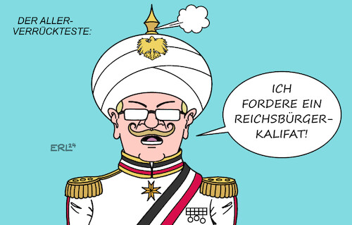 Cartoon: Der Allerverrückteste (medium) by Erl tagged politik,justiz,prozess,terrorismus,terror,terrorvereinigung,reichsbürger,heinrich,xiii,prinz,reuss,umsturz,kaiserreich,pickelhaube,angriff,zerstörung,demokratie,bundesrepublik,deutschland,rechtsextremismus,islamismus,demonstration,hamburg,muslim,interaktiv,forderung,kalifat,karikatur,erl,politik,justiz,prozess,terrorismus,terror,terrorvereinigung,reichsbürger,heinrich,xiii,prinz,reuss,umsturz,kaiserreich,pickelhaube,angriff,zerstörung,demokratie,bundesrepublik,deutschland,rechtsextremismus,islamismus,demonstration,hamburg,muslim,interaktiv,forderung,kalifat,karikatur,erl