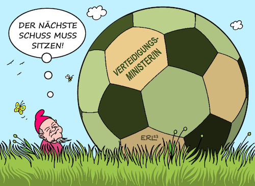 Cartoon: Der Ball liegt bei Scholz (medium) by Erl tagged politik,verteidigungsministerin,christine,lambrecht,rücktritt,pleiten,pech,pannen,fettnäpfchen,bundeskanzler,olaf,scholz,suche,nachfolgerin,nachfolger,ball,schuss,treffer,schleudersitz,aufgaben,bundeswehr,zeitenwende,fußball,gartenzwerg,karikatur,erl,politik,verteidigungsministerin,christine,lambrecht,rücktritt,pleiten,pech,pannen,fettnäpfchen,bundeskanzler,olaf,scholz,suche,nachfolgerin,nachfolger,ball,schuss,treffer,schleudersitz,aufgaben,bundeswehr,zeitenwende,fußball,gartenzwerg,karikatur,erl