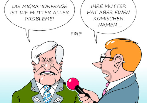 Cartoon: Der Name der Mutter (medium) by Erl tagged illustration,politik,innenminister,horst,seehofer,csu,interview,migration,migrationsfrage,mutter,aller,probleme,wasser,mühlen,afd,rechtspopulisten,rechtsextremisten,rechtspopulismus,rechtsextremismus,fremdenfeindlichkeit,rassismus,kritik,angela,merkel,flüchtlingspolitik,flüchtlinge,verunsicherung,chemnitz,auschreitungen,karikatur,erl,der,illustration,politik,innenminister,horst,seehofer,csu,interview,migration,migrationsfrage,mutter,aller,probleme,wasser,mühlen,afd,rechtspopulisten,rechtsextremisten,rechtspopulismus,rechtsextremismus,fremdenfeindlichkeit,rassismus,kritik,angela,merkel,flüchtlingspolitik,flüchtlinge,verunsicherung,chemnitz,auschreitungen,karikatur,erl