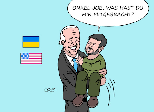 Cartoon: Der Onkel aus Amerika (medium) by Erl tagged politik,krieg,angriff,überfall,russland,ukraine,besuch,präsident,joe,biden,usa,kiew,unterstützung,wolodymyr,selenskyj,onkel,amerika,karikatur,erl,politik,krieg,angriff,überfall,russland,ukraine,besuch,präsident,joe,biden,usa,kiew,unterstützung,wolodymyr,selenskyj,onkel,amerika,karikatur,erl