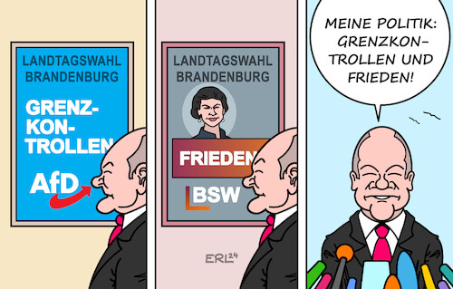 Cartoon: Des Kanzlers neue Politik (medium) by Erl tagged politik,landtagswahl,brandenburg,afd,bsw,themen,spd,kanzler,scholz,grenzkontrollen,frieden,russland,karikatur,erl,politik,landtagswahl,brandenburg,afd,bsw,themen,spd,kanzler,scholz,grenzkontrollen,frieden,russland,karikatur,erl