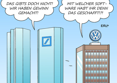 Cartoon: Deutsche Bank VW (medium) by Erl tagged deutsche,finanzen,wirtschaft,bank,gewinn,überraschung,skandale,gerichtverfahren,prozesse,manipulation,betrug,korruption,schadenersatz,kosten,volkswagen,abgasskandal,schadstoffe,messwerte,software,karikatur,erl,deutsche,bank,vw