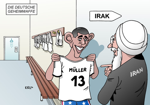 Cartoon: Deutsche Geheimwaffe (medium) by Erl tagged fußball,wm,deutschland,portugal,sieg,thomas,müller,13,torschütze,geheimwaffe,usa,iran,irak,isis,terror,islamisten,obama,trikot,fußball,wm,deutschland,portugal,sieg,thomas,müller,13,torschütze,geheimwaffe,usa,iran,irak,isis,terror,islamisten,obama,trikot